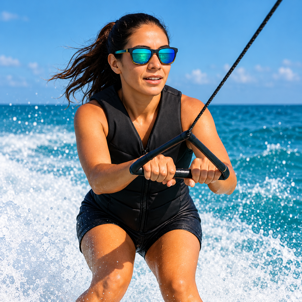 A woman wearing a black zip-up water sports vest and black shorts rides a wakeboard while holding a black handle, with ocean water splashes and a blue sky in the background.
