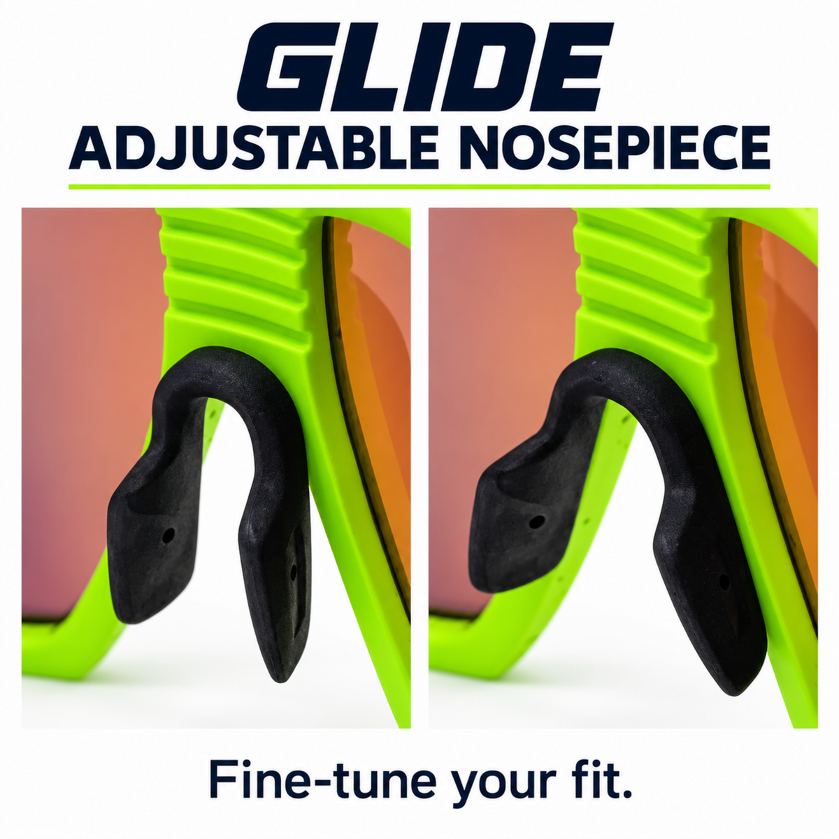 Adjustable nosepiece for sunglasses shown in a side-by-side close-up of the same product from two angles, with text reading 'GLIDE ADJUSTABLE NOSEPIECE' and 'Fine-tune your fit.'.