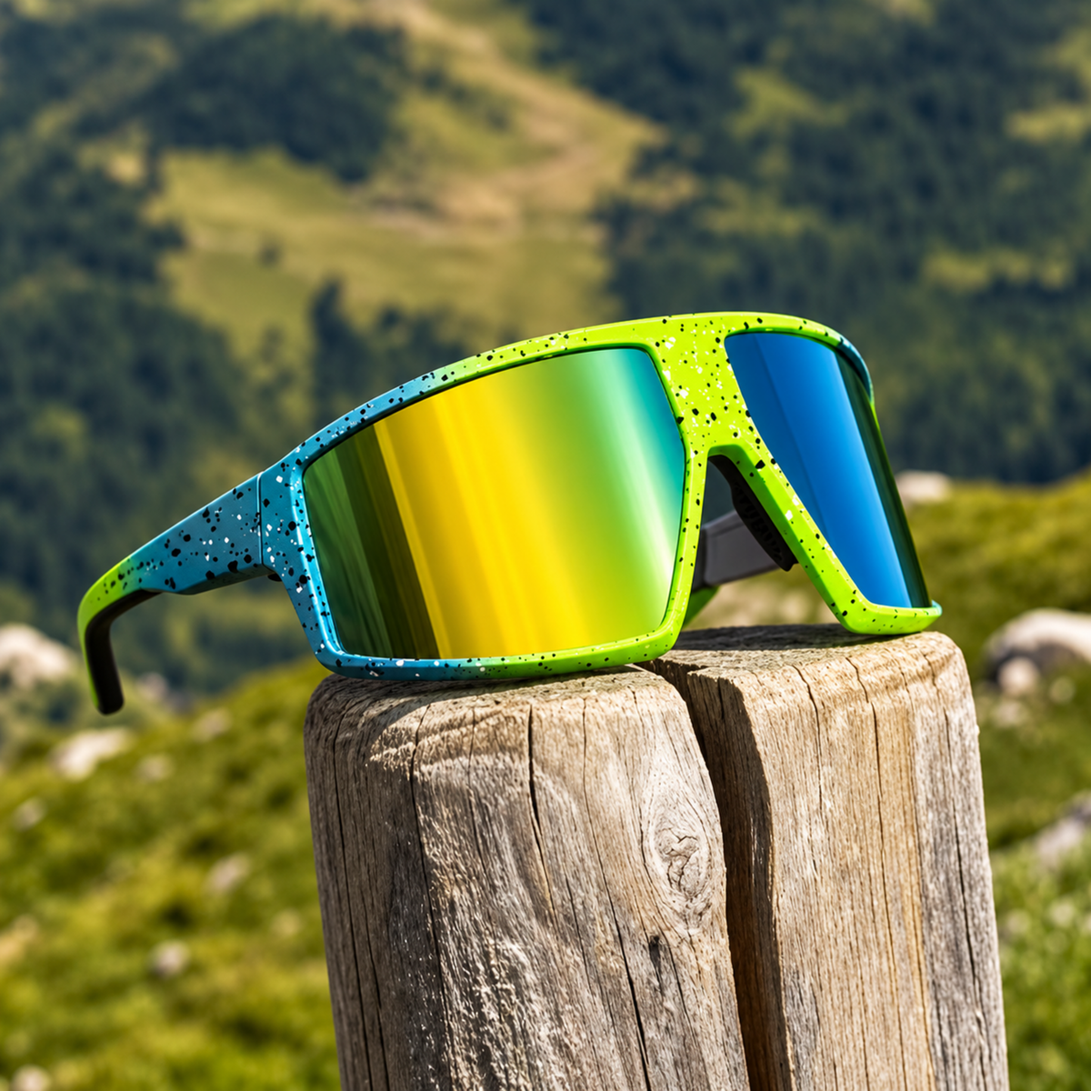 Sport sunglasses with a bright lime green frame, speckled blue temples, and a mirrored yellow-to-blue gradient lens, resting on a rustic wooden post with a blurred mountain landscape in the background.