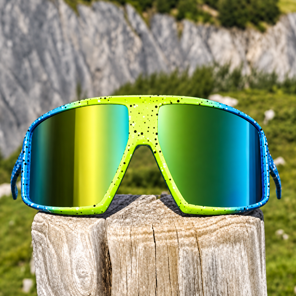 Sport sunglasses with a bright lime green and blue speckled frame and mirrored green-to-blue lenses, resting on a wooden post with a blurred mountain background.