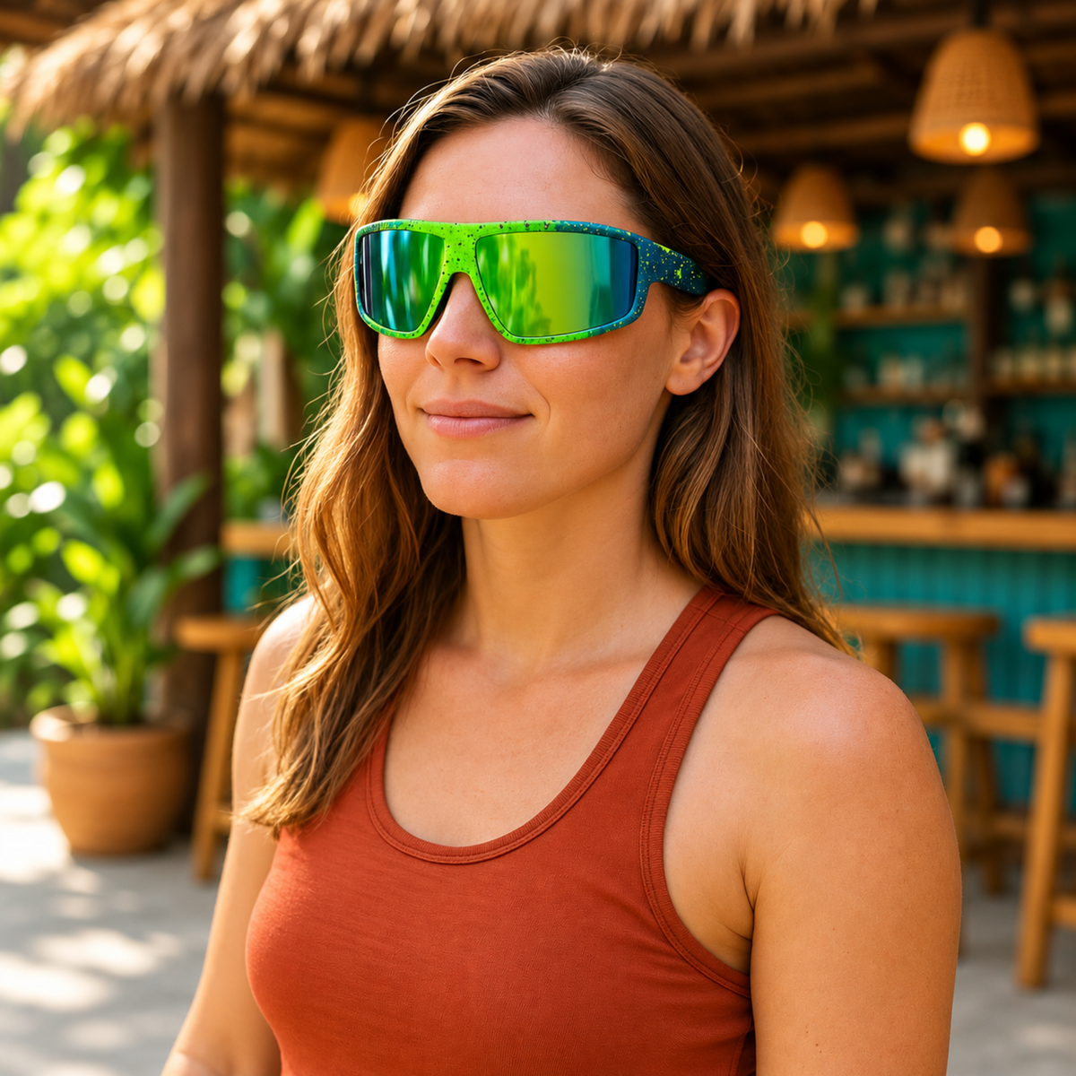 A woman wearing oversized shield-style sunglasses with a vibrant green-to-blue mirrored lens and a terracotta-colored tank top, photographed in an outdoor tropical bar setting.