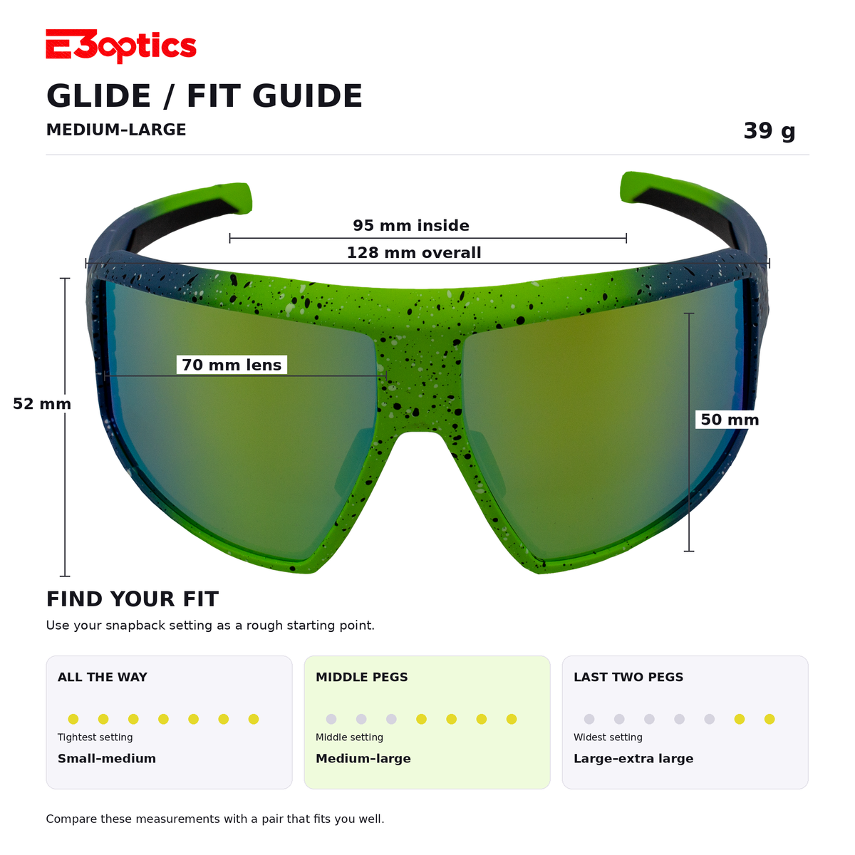 E3optics Glide / Fit Guide for medium-large size sports glasses, showing a front view of the glasses with measurements for lens size, frame width, and overall length, plus fit instructions for different peg settings.