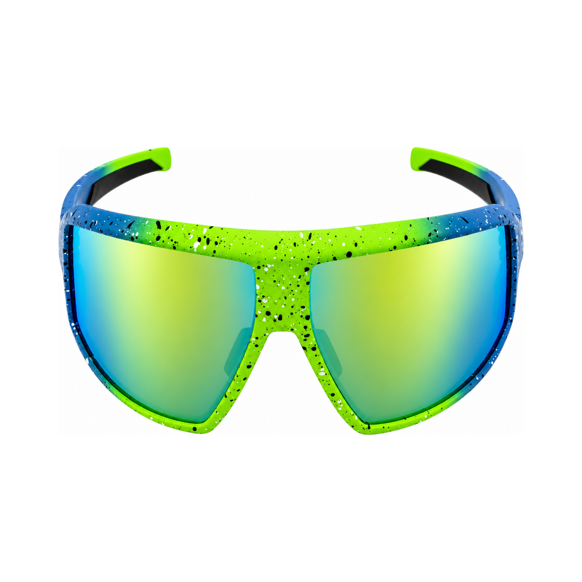 Sport sunglasses with a bright lime green and blue speckled frame and mirrored green-to-blue lenses, shown on a plain white background.