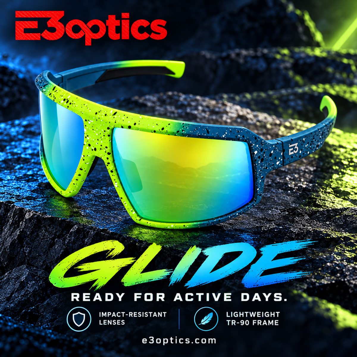 E3optics Glide sports sunglasses with a speckled neon green and blue frame, mirrored blue-to-yellow lenses, and a dark textured background with promotional text.