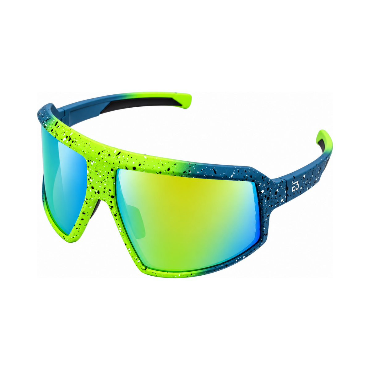 Sport sunglasses with a vibrant lime green and dark blue speckled frame and mirrored blue-to-yellow lenses, shown on a solid white background.