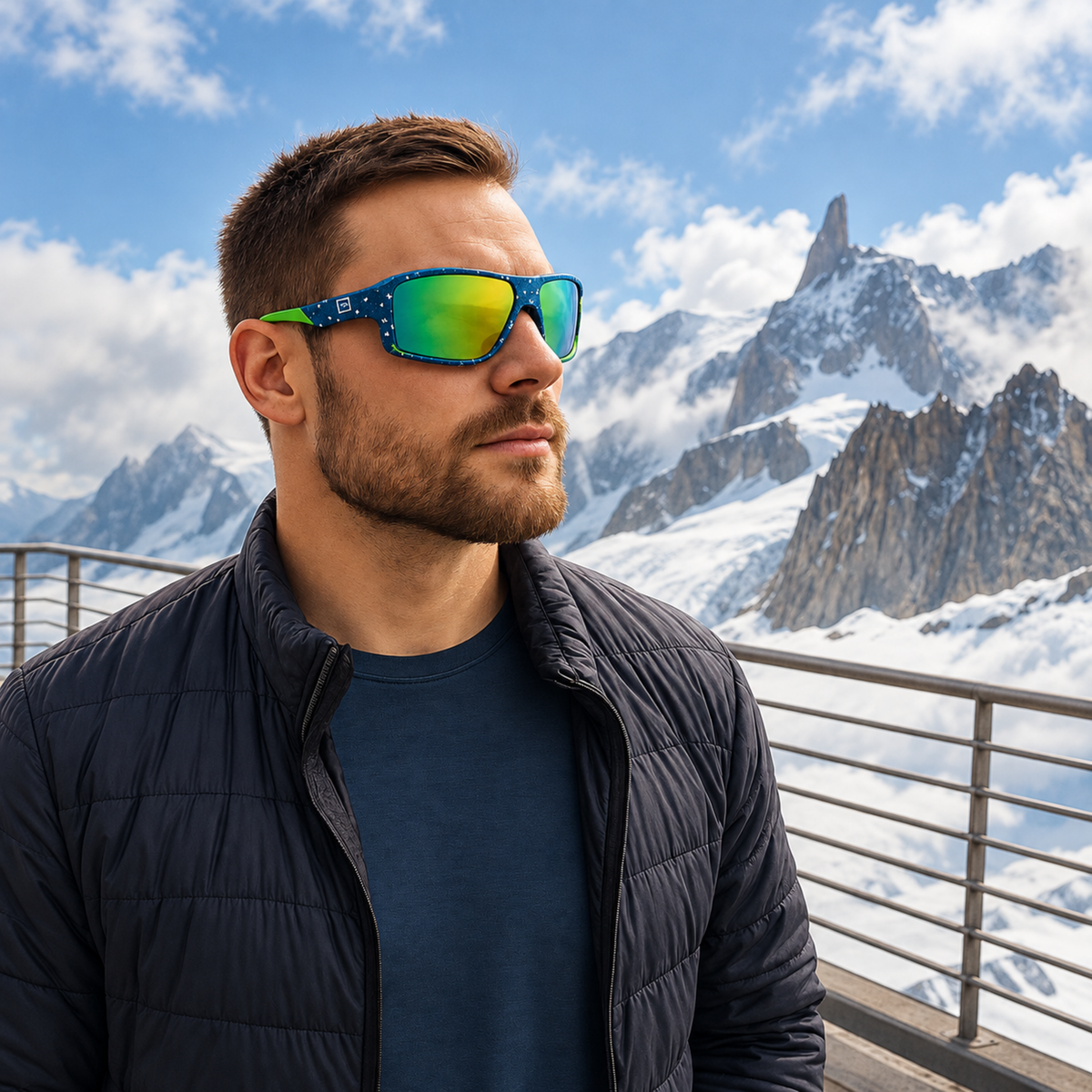 A man wearing blue and green mirrored athletic sunglasses with a patterned blue temple, standing on a balcony with a snowy mountain range in the background.