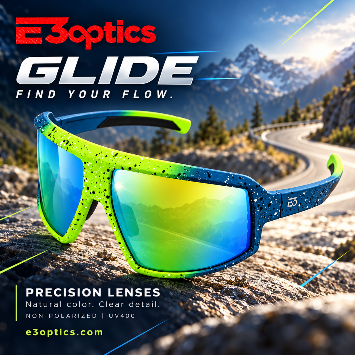 E3optics Glide sports sunglasses with a blue and neon green speckled frame and mirrored lenses, set against a mountain road background with promotional text.