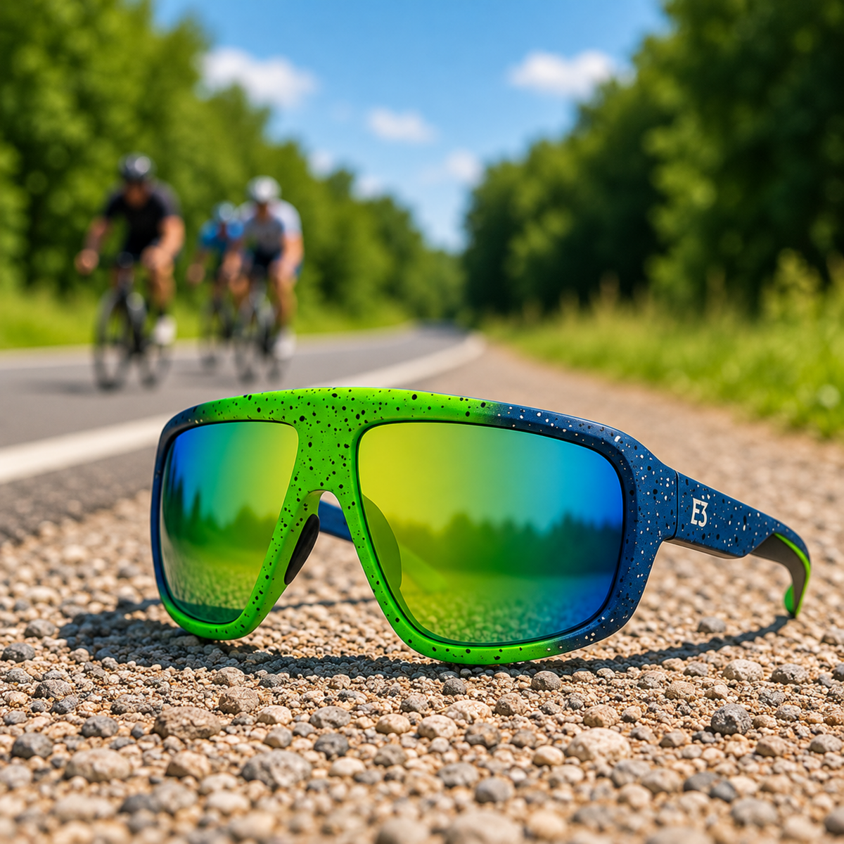 Sport sunglasses with a green-to-blue gradient frame and mirrored lenses, resting on a gravel road with cyclists blurred in the background.