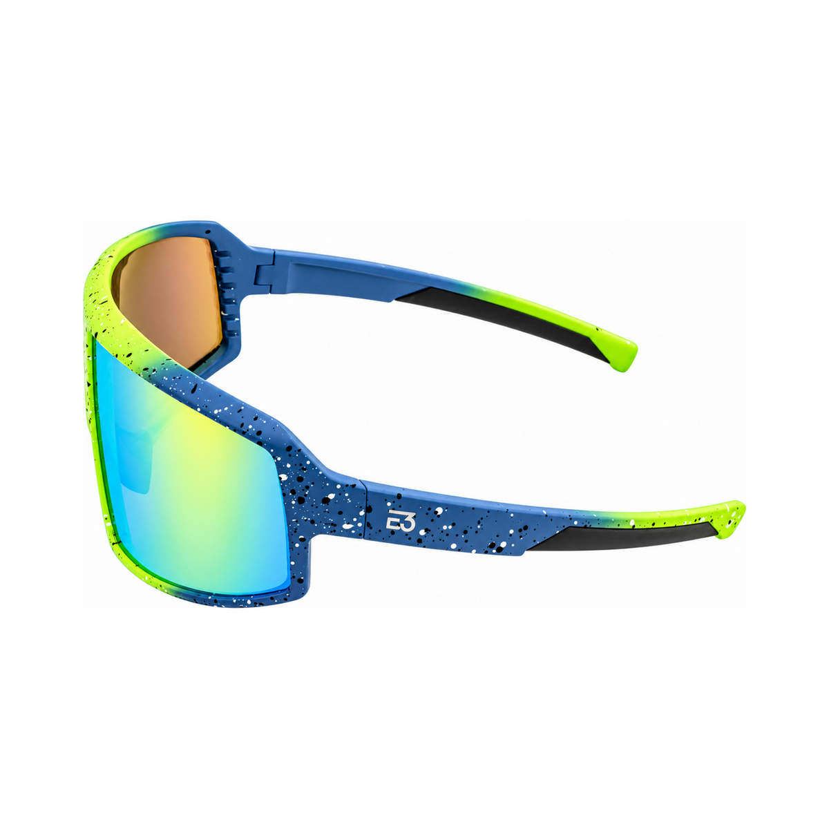 Sport sunglasses with a blue and neon yellow gradient frame, black speckled details, and a mirrored blue-to-yellow lens.