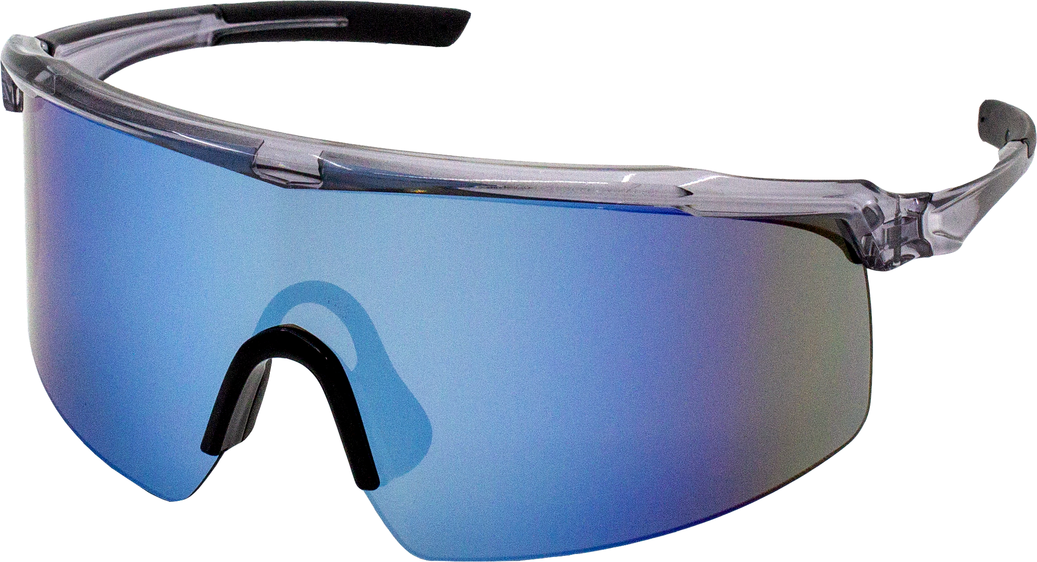 E3 Optics E3-H8 rainbow mirror precise lens sunglasses with matte black frame and gray temple tips – ideal for cycling, running, and high-intensity outdoor sports – left angle view.
