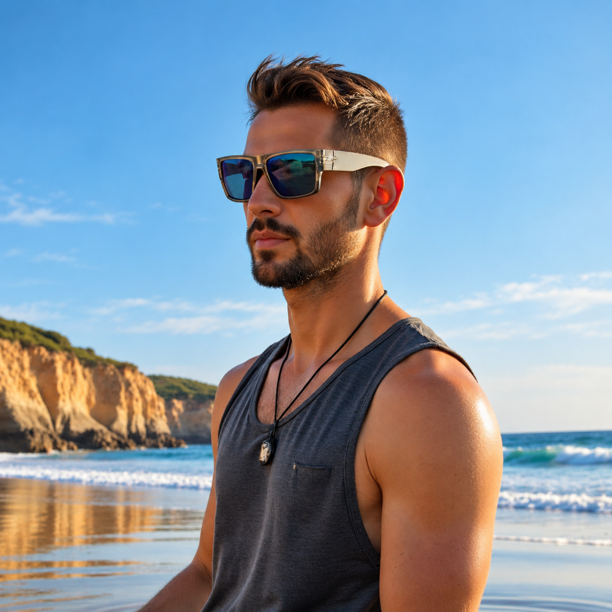 A man wearing stylish sunglasses with a cream frame and mirrored lenses, standing on a sunny beach with cliffs and the ocean in the background.