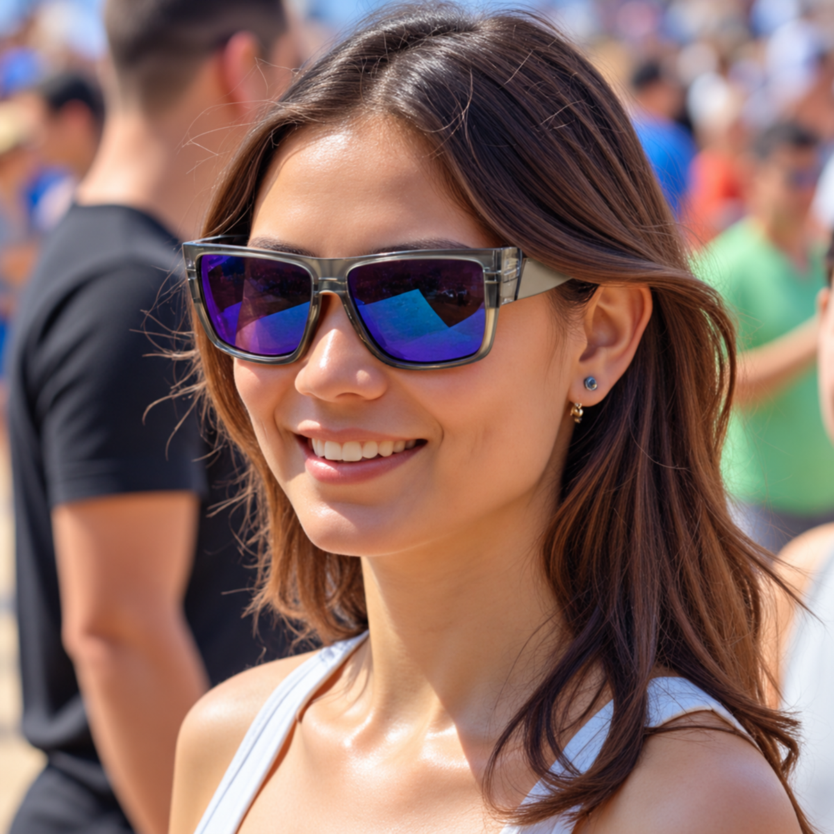 A woman outdoors wearing chunky square sunglasses with a translucent olive-green frame and vibrant blue-purple mirrored lenses.