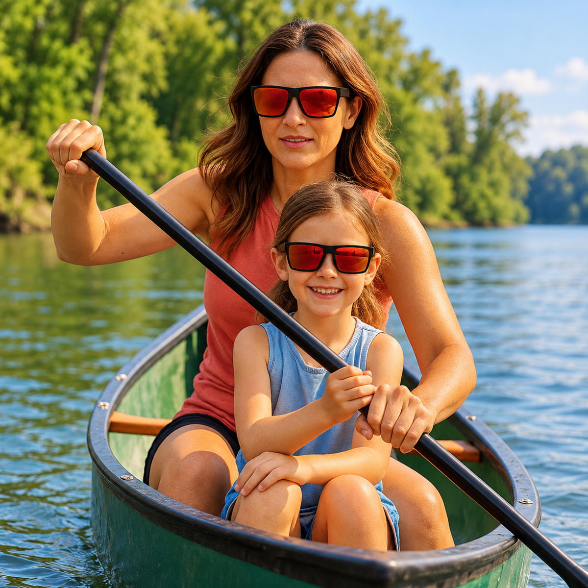 A woman and a young girl wearing matching red-tinted sunglasses sit in a green canoe on a lake with trees in the background.