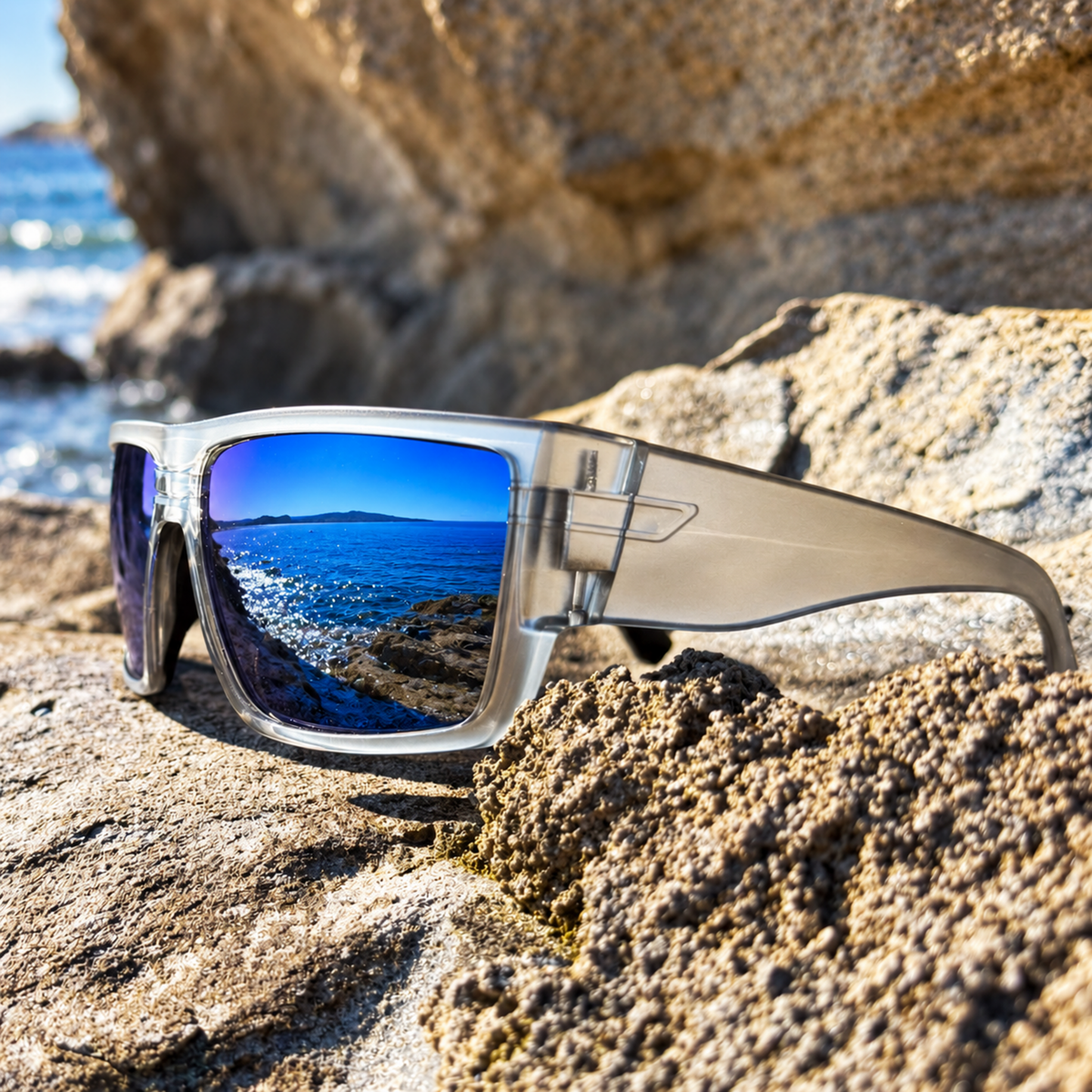 Square-frame sunglasses with a translucent gray frame and mirrored blue lenses, resting on a rocky beach with the ocean in the background.