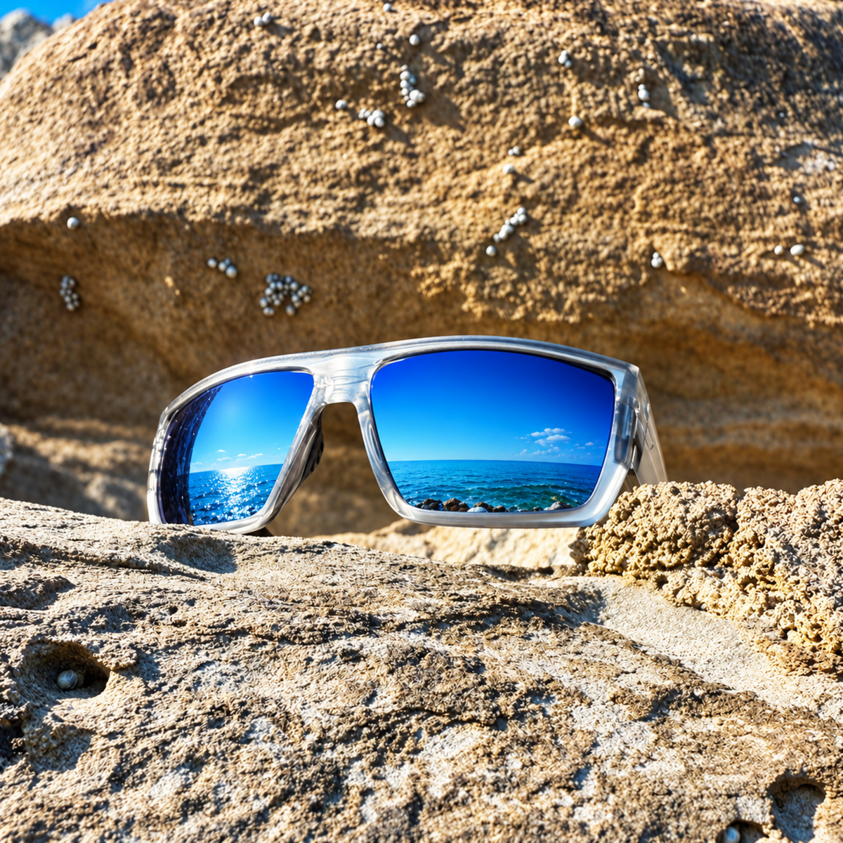 Square-frame sunglasses with a silver metallic frame and vibrant blue mirrored lenses, resting on a textured sandy rock with a beach scene reflected in the lenses.