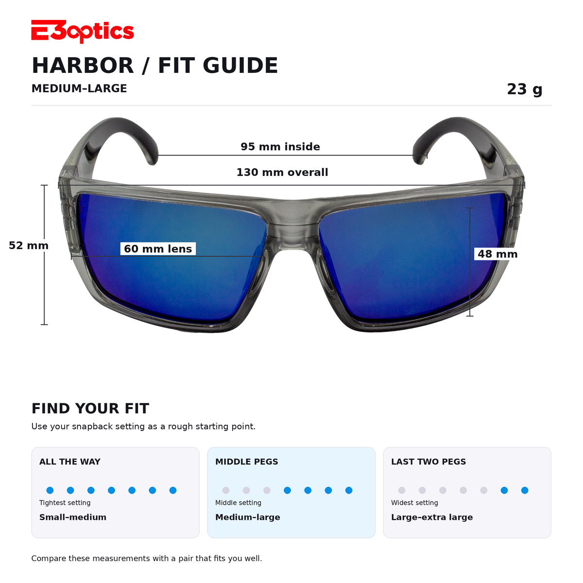 E3optics Harbor / Fit Guide for medium-large size sport sunglasses, showing a pair of clear-framed glasses with blue mirrored lenses and measurement callouts for 95 mm inside width, 130 mm overall length, 52 mm height, 60 mm lens, and 48 mm lens width. Includes fit guidance text and peg-setting indicators.