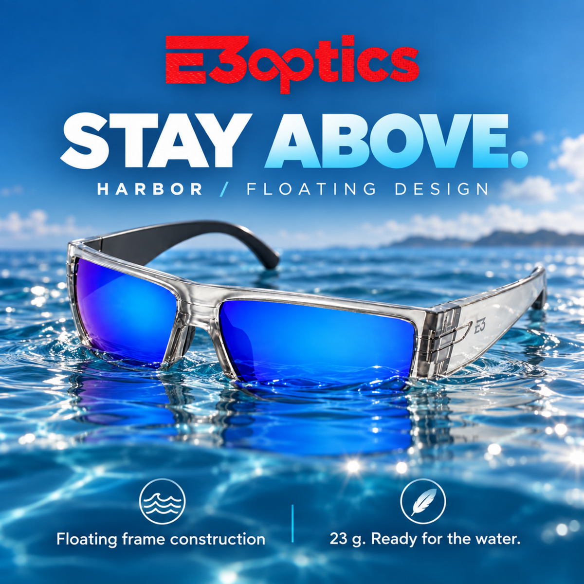E3optics Stay Above floating sunglasses with a clear frame and mirrored blue lenses, shown floating on water with promotional text and icons for floating frame construction and lightweight design.