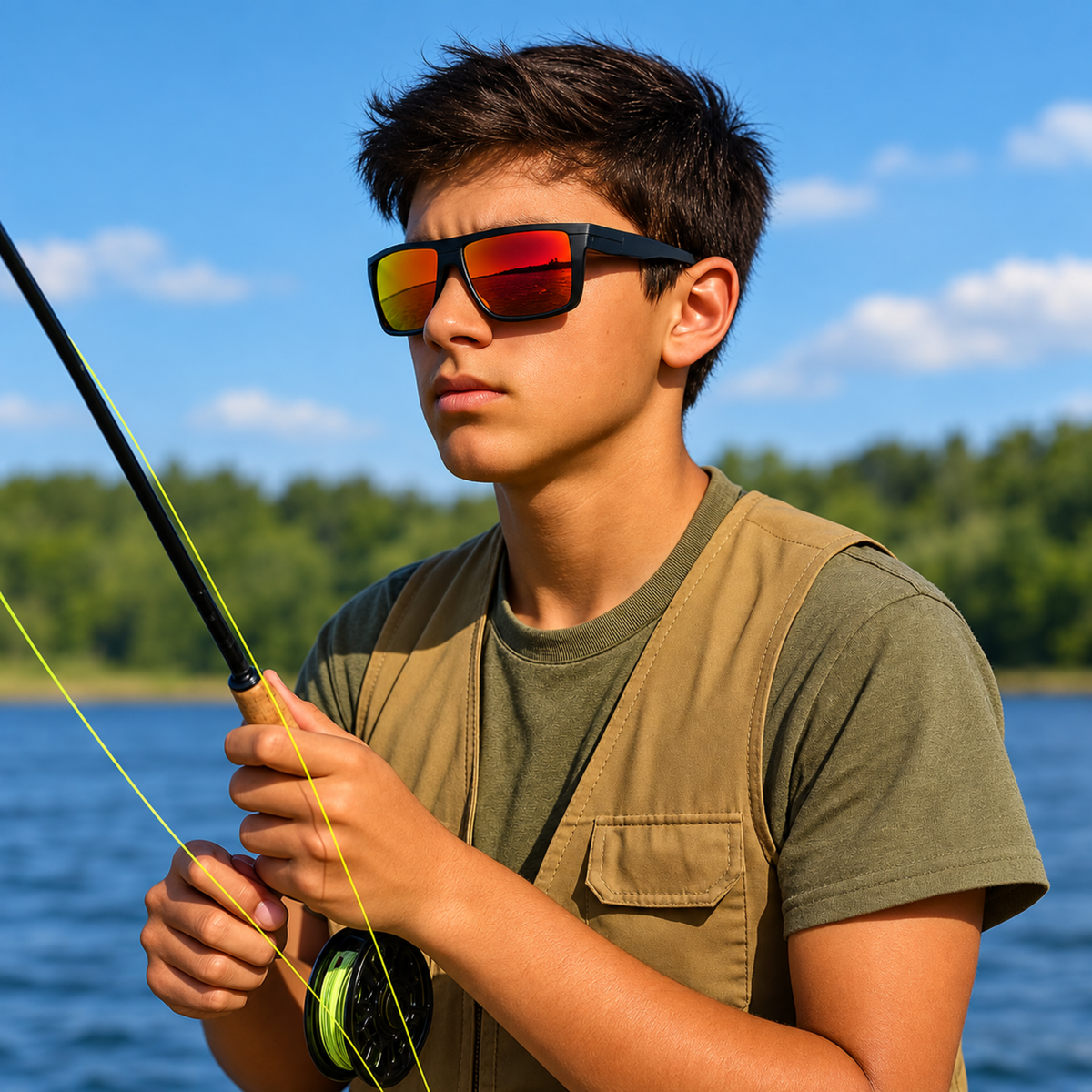 A young man wearing black mirrored sunglasses and a tan fishing vest over an olive green t-shirt, holding a fly fishing rod on a lake with trees and blue sky in the background.