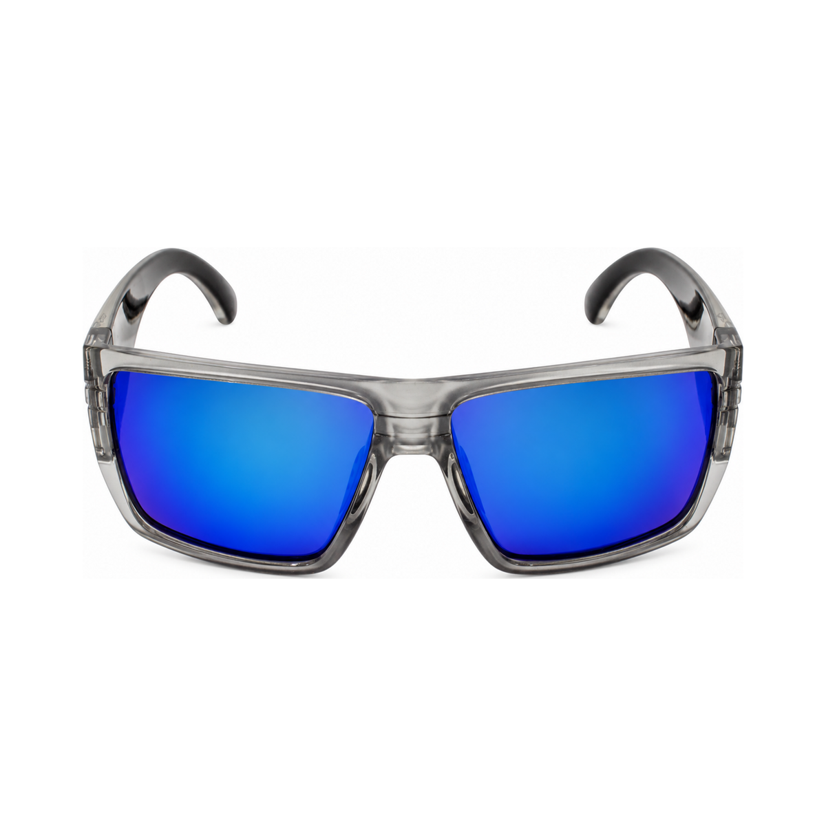 A pair of wrap-around sunglasses with a translucent gray frame and vibrant blue mirrored lenses, shown against a plain white background.