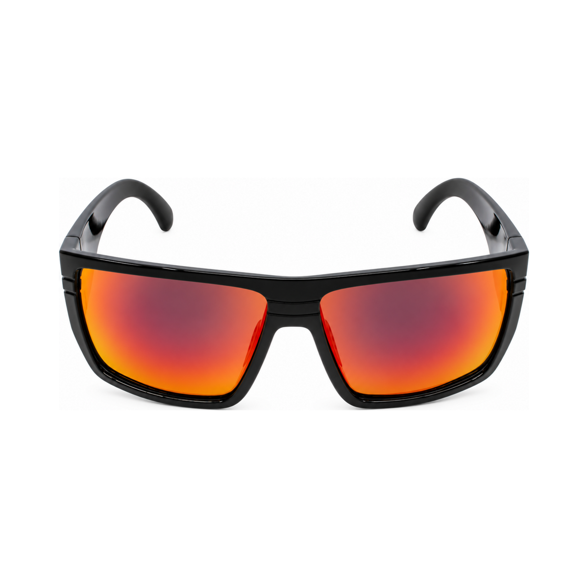 Black wrap-around sunglasses with vibrant orange-to-red mirrored lenses, shown against a plain white background.