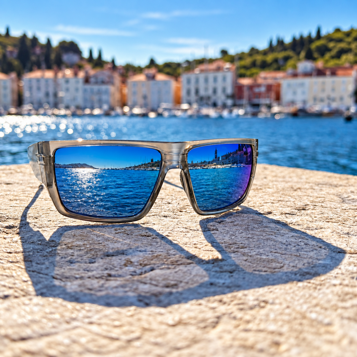 Square-framed sunglasses with mirrored blue reflective lenses resting on a stone pier, with a blurred coastal harbor and buildings in the background.