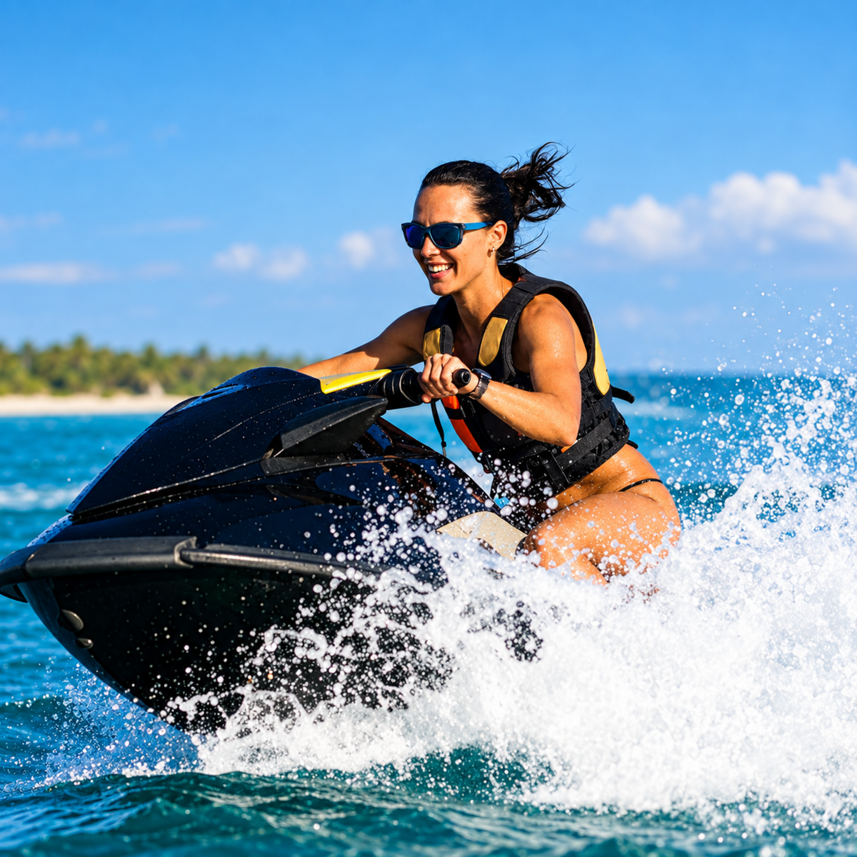 A woman wearing a black and yellow life jacket and sunglasses rides a black personal watercraft jet ski across blue ocean water, creating a large white splash under a bright blue sky.