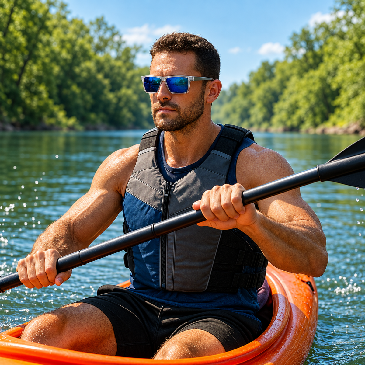 A man wearing a gray and navy blue life vest and blue mirrored sunglasses sits in an orange kayak on a river, holding a paddle. The background shows a blurred green forest and blue sky.