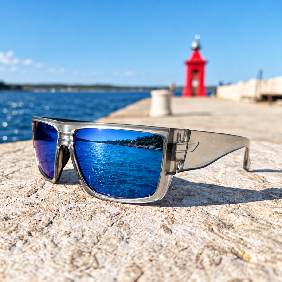 A pair of square sunglasses with a translucent gray frame and mirrored blue lenses, resting on a stone pier with a red lighthouse and blue water in the background.