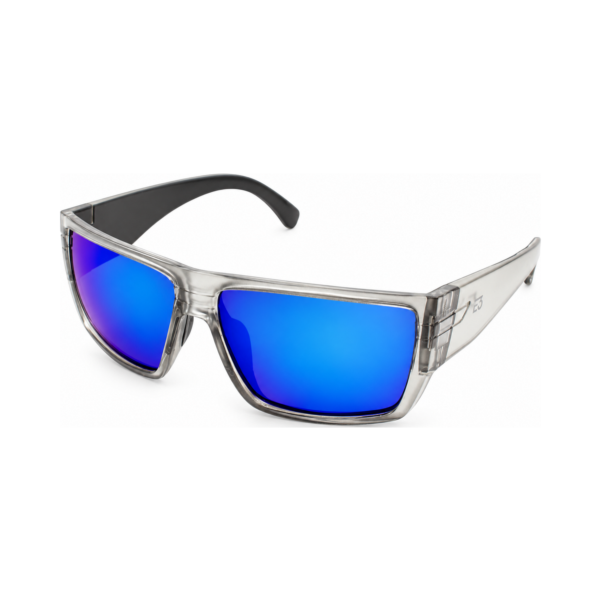 A pair of sport sunglasses with a translucent gray frame and vibrant blue mirrored lenses, shown on a clean white background.