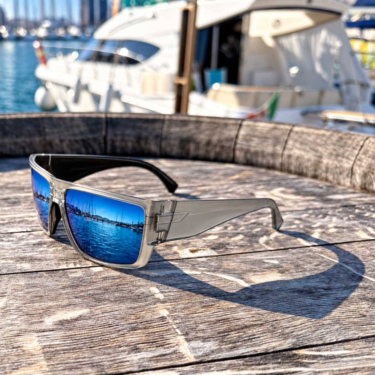 A pair of oversized square sunglasses with a silver-gray frame and mirrored blue lenses rests on a weathered wooden barrel, with a marina and boats blurred in the background.