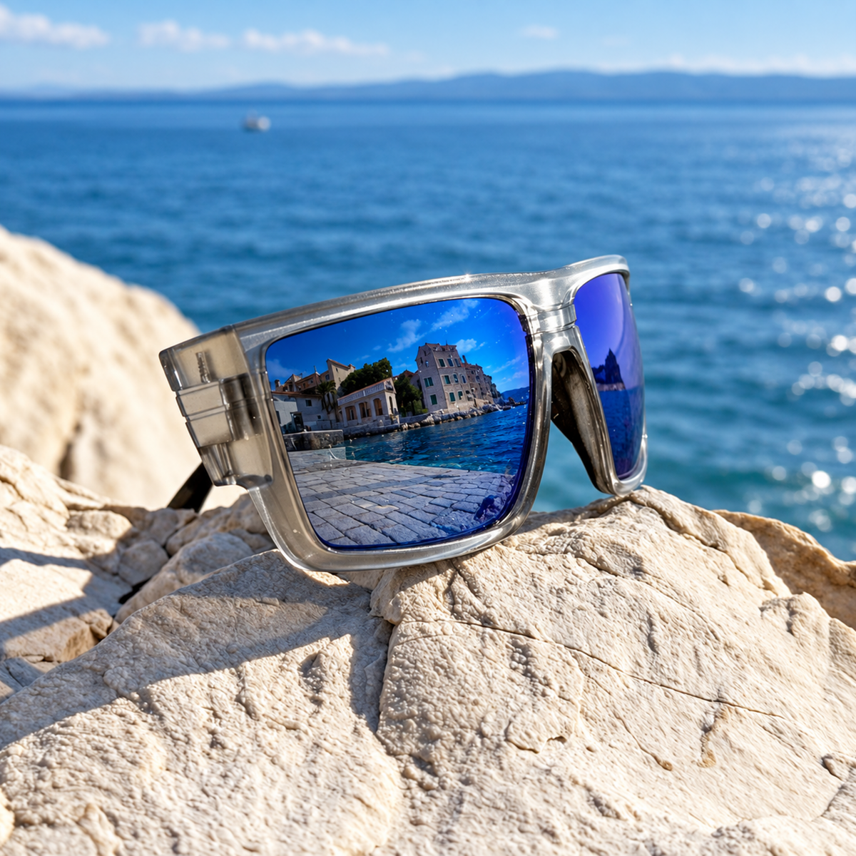 Square-frame sunglasses with a translucent gray frame and mirrored blue lenses, resting on a light beige rock with the blue sea and distant shoreline reflected in the lenses.