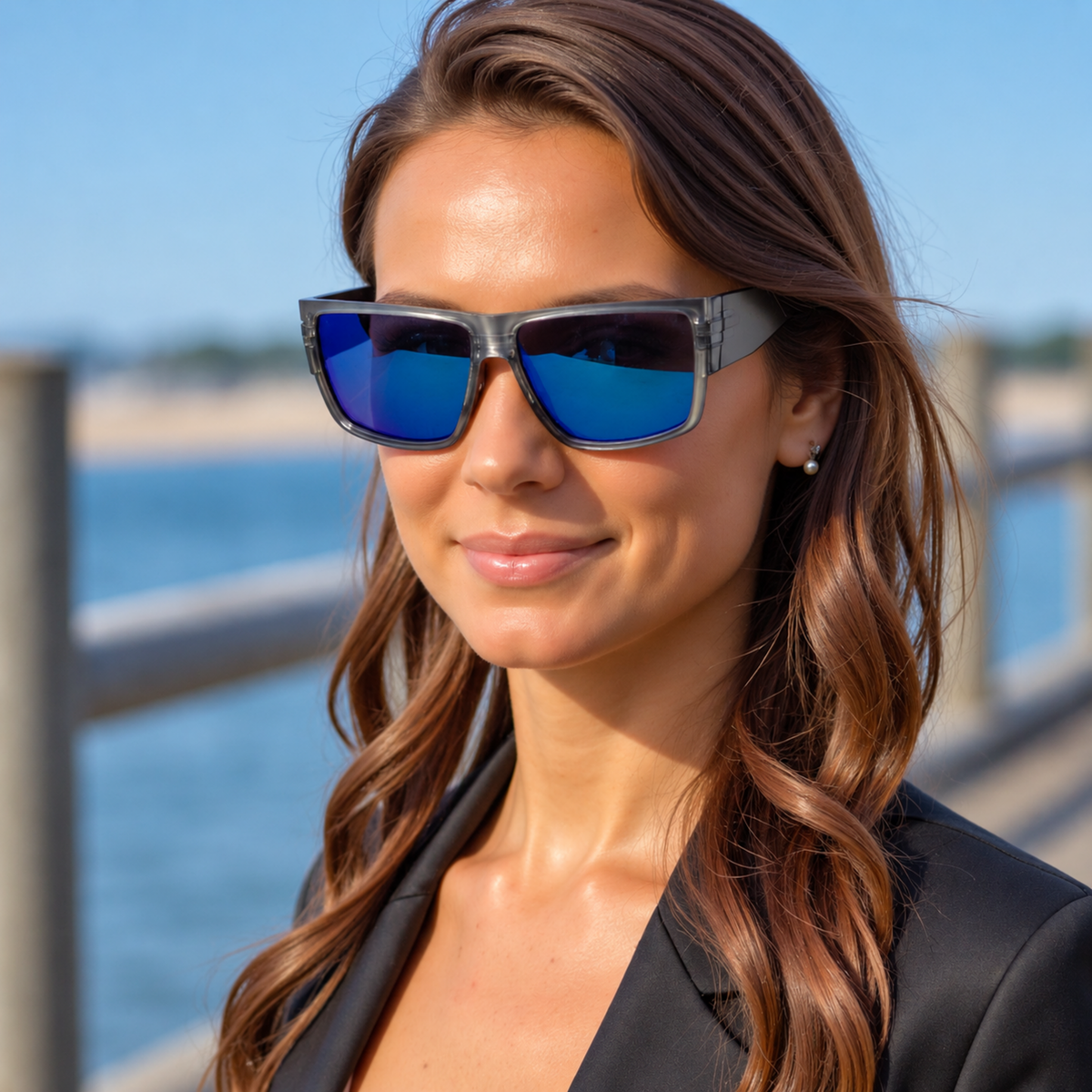 A woman with long brown hair wearing square sunglasses with a gray frame and blue mirrored lenses, photographed outdoors near the water with a blurred railing and sky in the background.