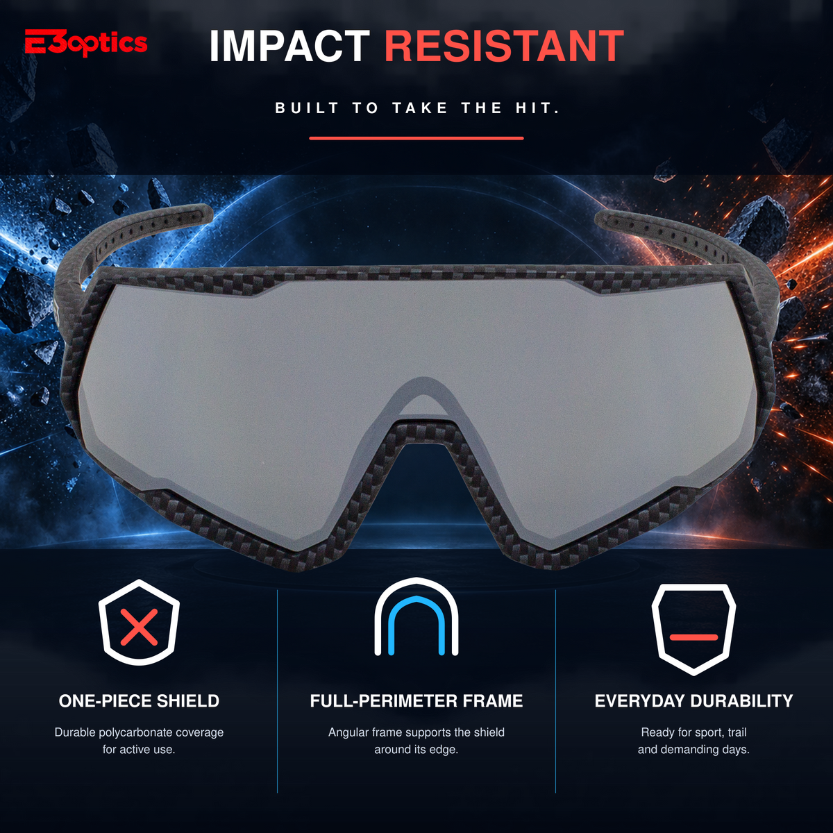 E3optics impact-resistant sports goggles with a dark gray full-perimeter frame and a silver mirrored shield, set against a space-themed background with feature callouts below.