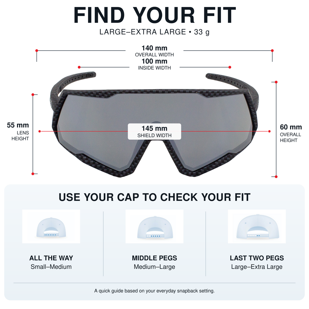 A fit guide graphic for wraparound safety glasses showing dimensions of the glasses and instructions on how to use the cap for size checking. The top section reads 'FIND YOUR FIT' with measurements for overall width, inside width, lens height, shield width, and overall height.