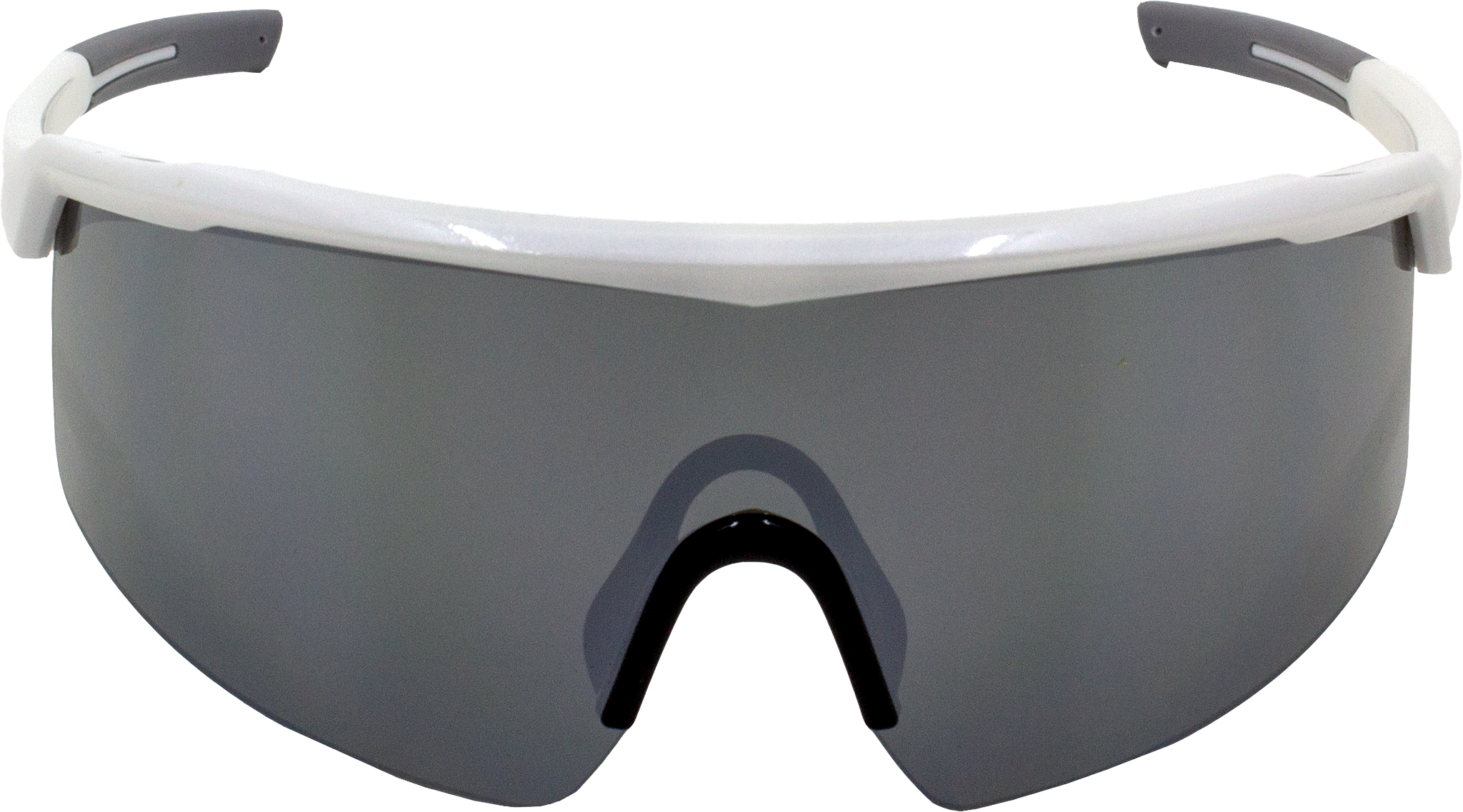 E3 Optics E3-N12 silver mirror lens sunglasses with white frame – ideal for running, cycling, and outdoor sports – front view.