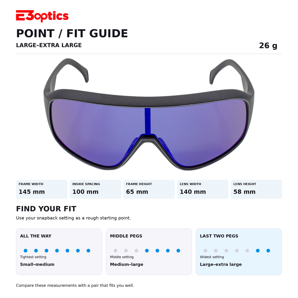 E3optics Point / Fit Guide for large-extra large shield glasses, showing a pair of black-framed shield glasses with blue-tinted lenses and measurement guides for frame dimensions and snapback fit.