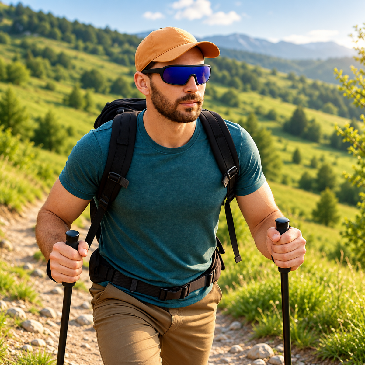 A man hiking on a mountain trail wearing a teal t-shirt, khaki pants, a tan cap, blue-tinted sunglasses, and a black backpack with trekking poles.