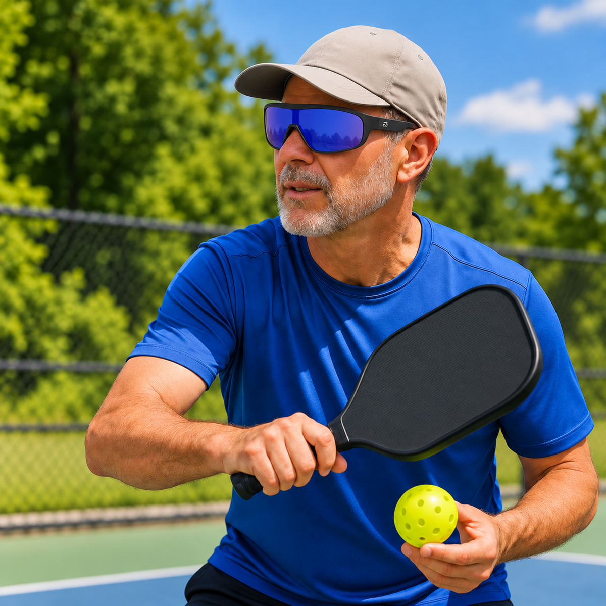 A man wearing a blue athletic shirt, beige cap, and blue mirrored sunglasses holds a pickleball paddle and a yellow pickleball on an outdoor court with trees and sky in the background.