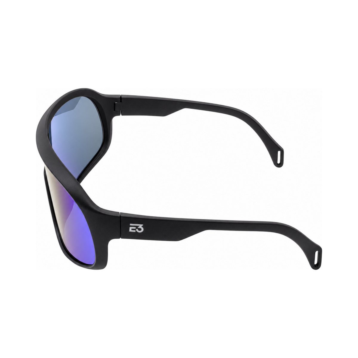 Black wrap-around sunglasses with mirrored blue-to-purple lenses and a visible 'E3' logo on the temple, shown on a plain white background.