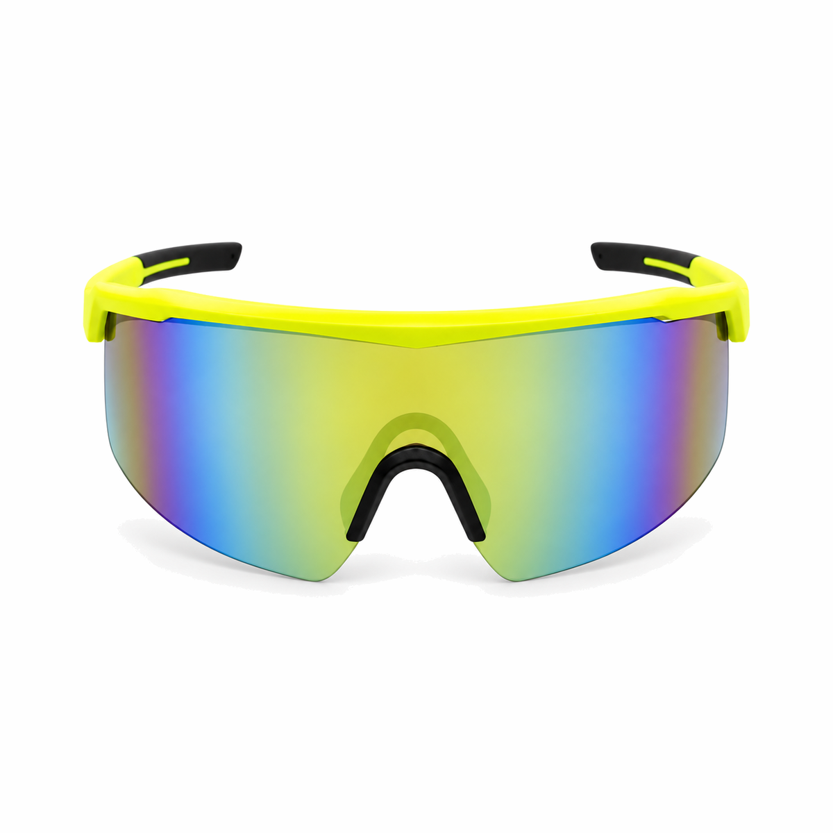 Sport sunglasses with a bright neon yellow frame and a large shield-style mirrored lens reflecting blue, green, and yellow tones, shown on a white background.