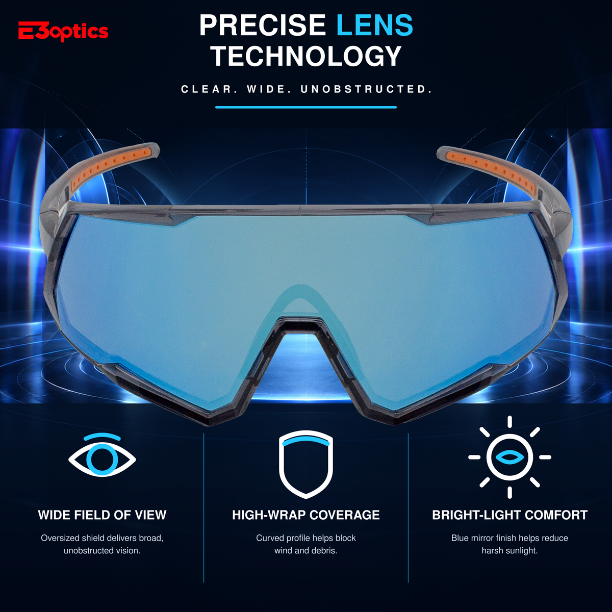 Blue mirrored shield-style safety glasses with a dark frame, shown on a dark blue promotional background with text callouts about wide field of view, high-wrap coverage, and bright-light comfort. The E3optics logo appears in the top left.