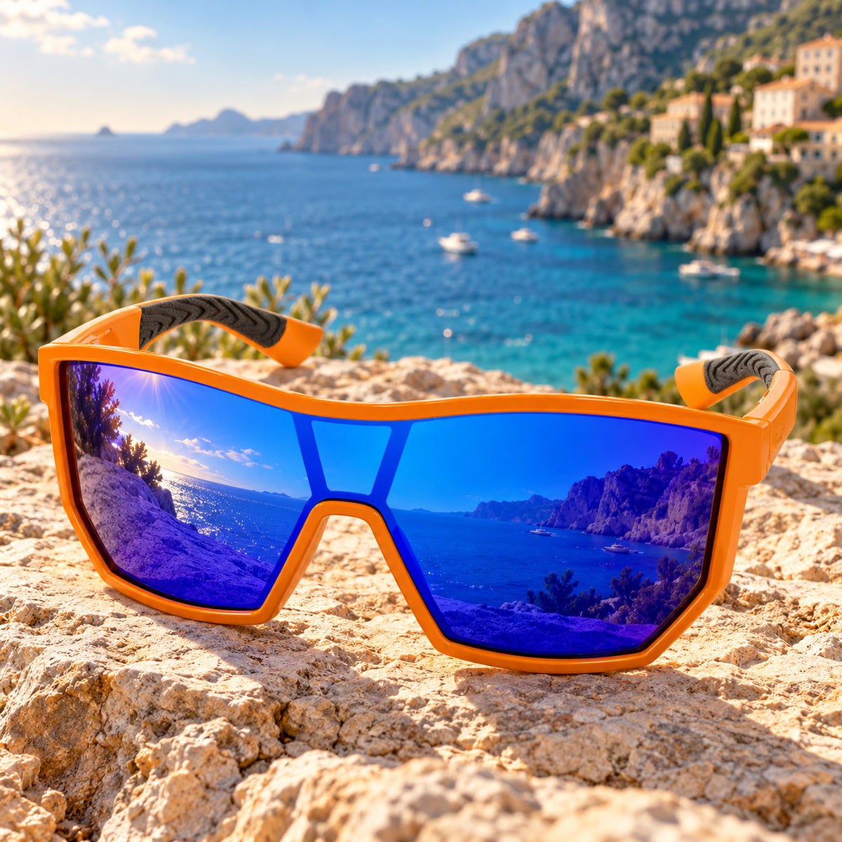 E3 Optics Pulse sunglasses with a black frame and red mirrored lens on a rock against mountain peaks at sunset.