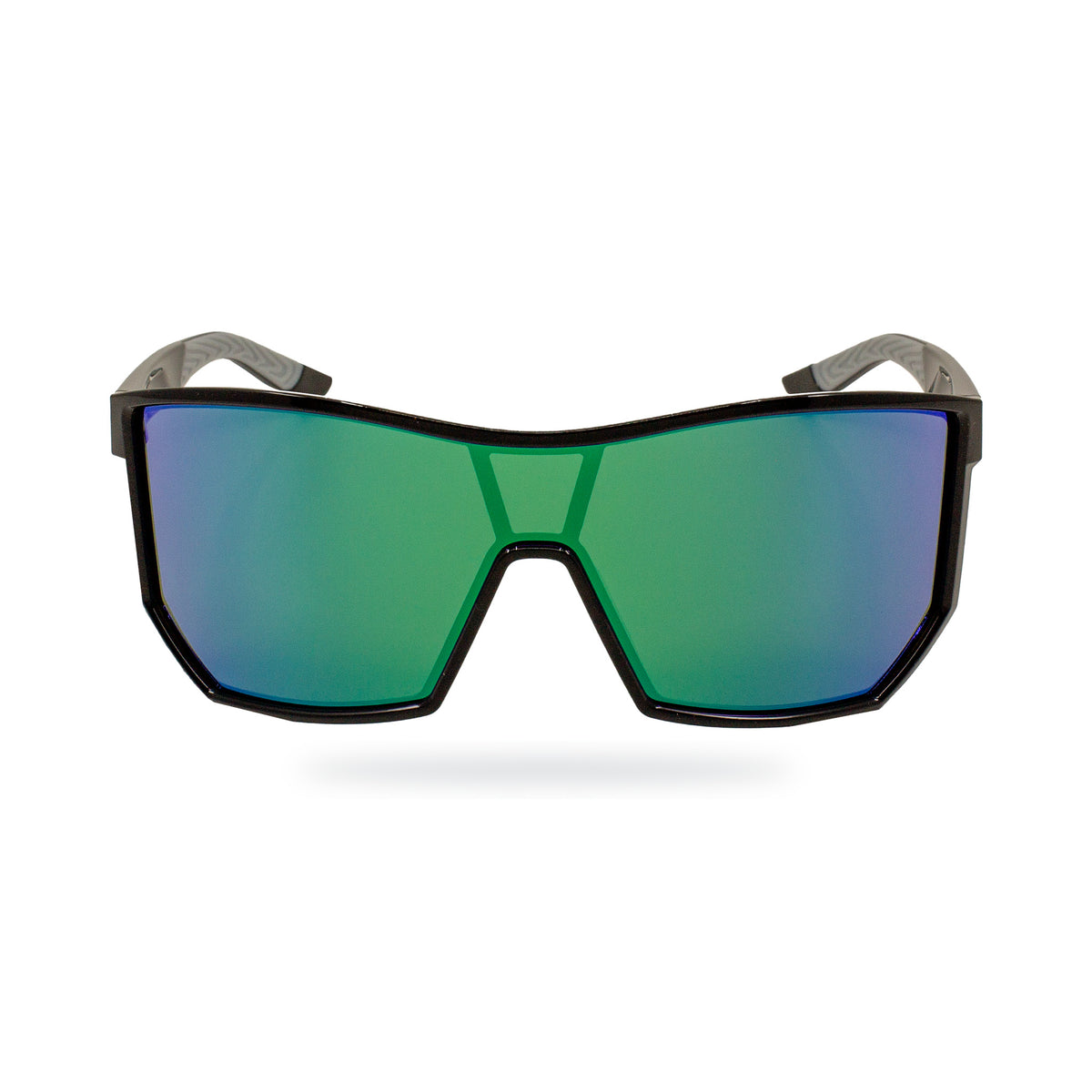 Front view of E3 Optics Pulse sunglasses with a black frame and green mirrored shield lens.