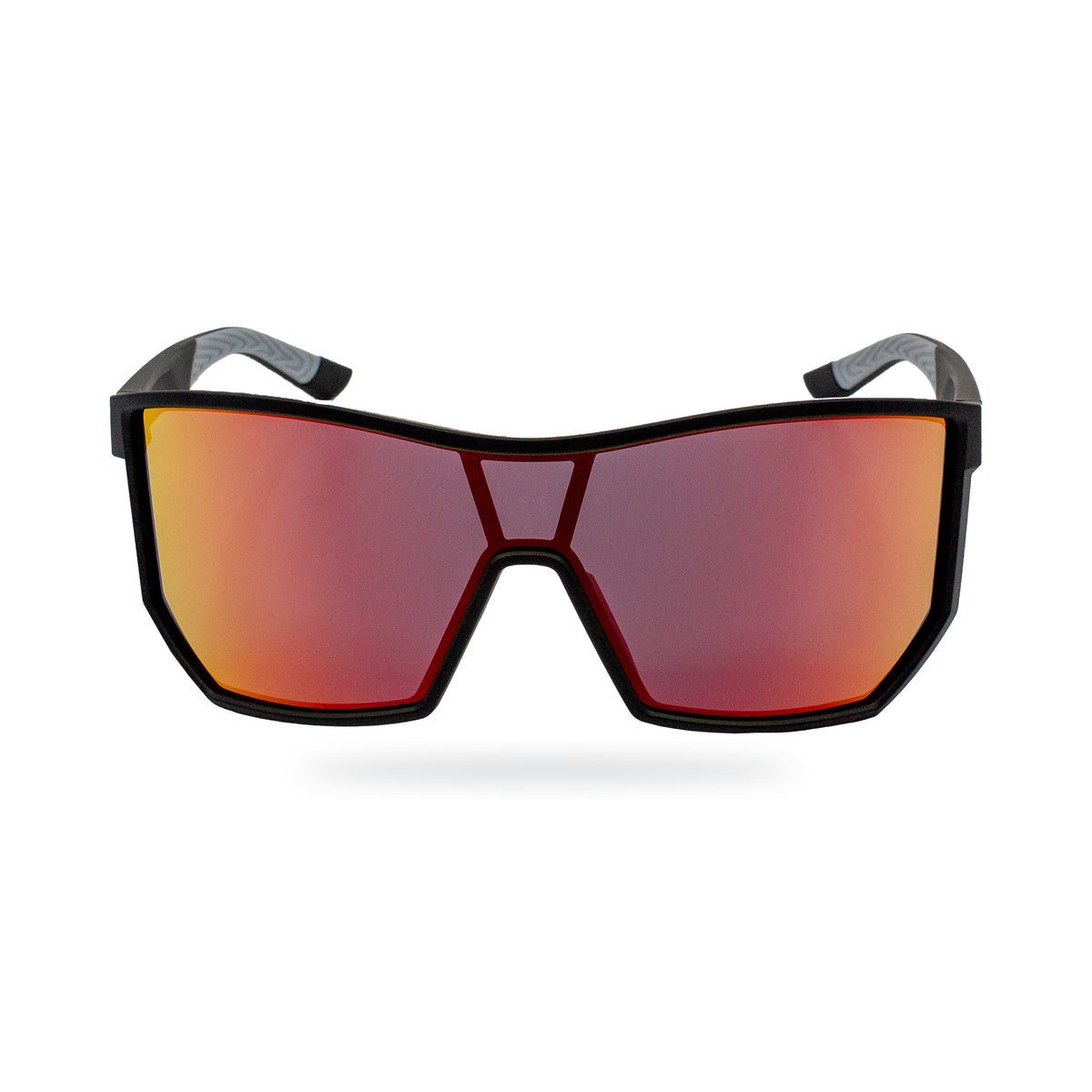 Front view of E3 Optics Pulse sunglasses with a black frame and red mirrored shield lens.