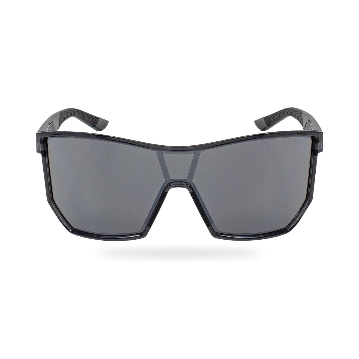 Front view of E3 Optics Pulse sunglasses with a black frame and gray shield lens.