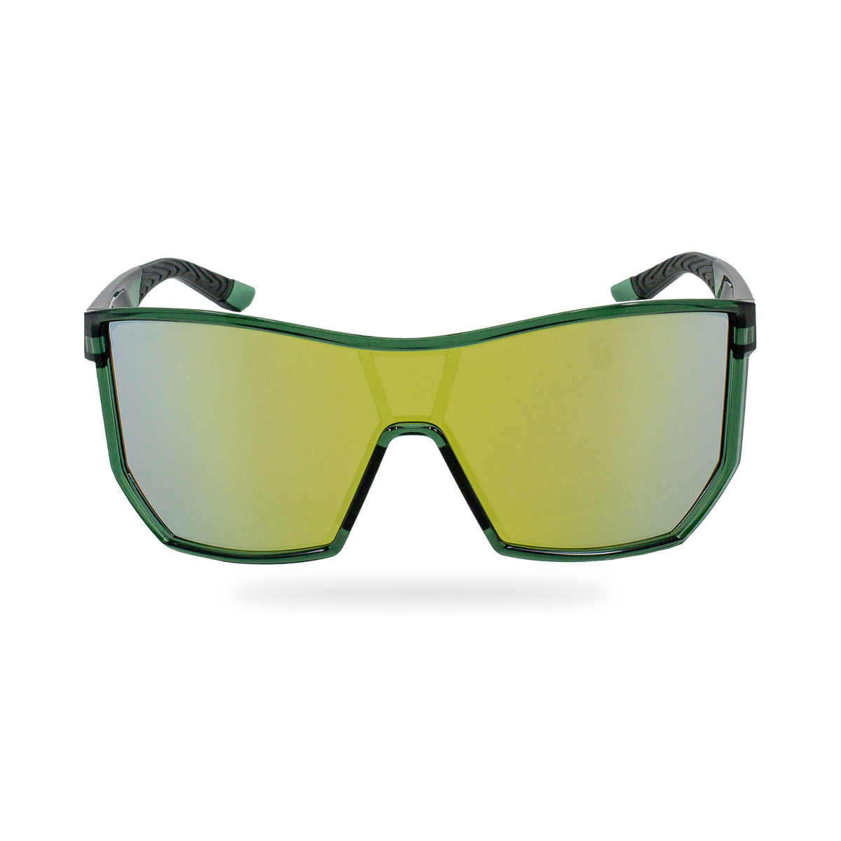 Front view of E3 Optics Pulse sunglasses with a black frame and gold mirrored shield lens.