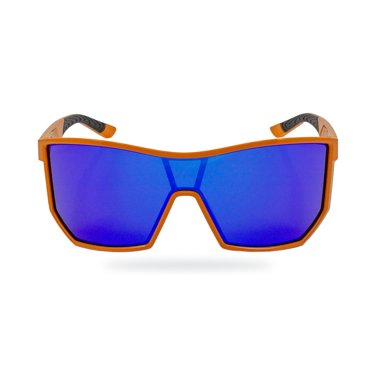 Front view of E3 Optics Pulse sunglasses with an orange frame and blue mirrored shield lens.