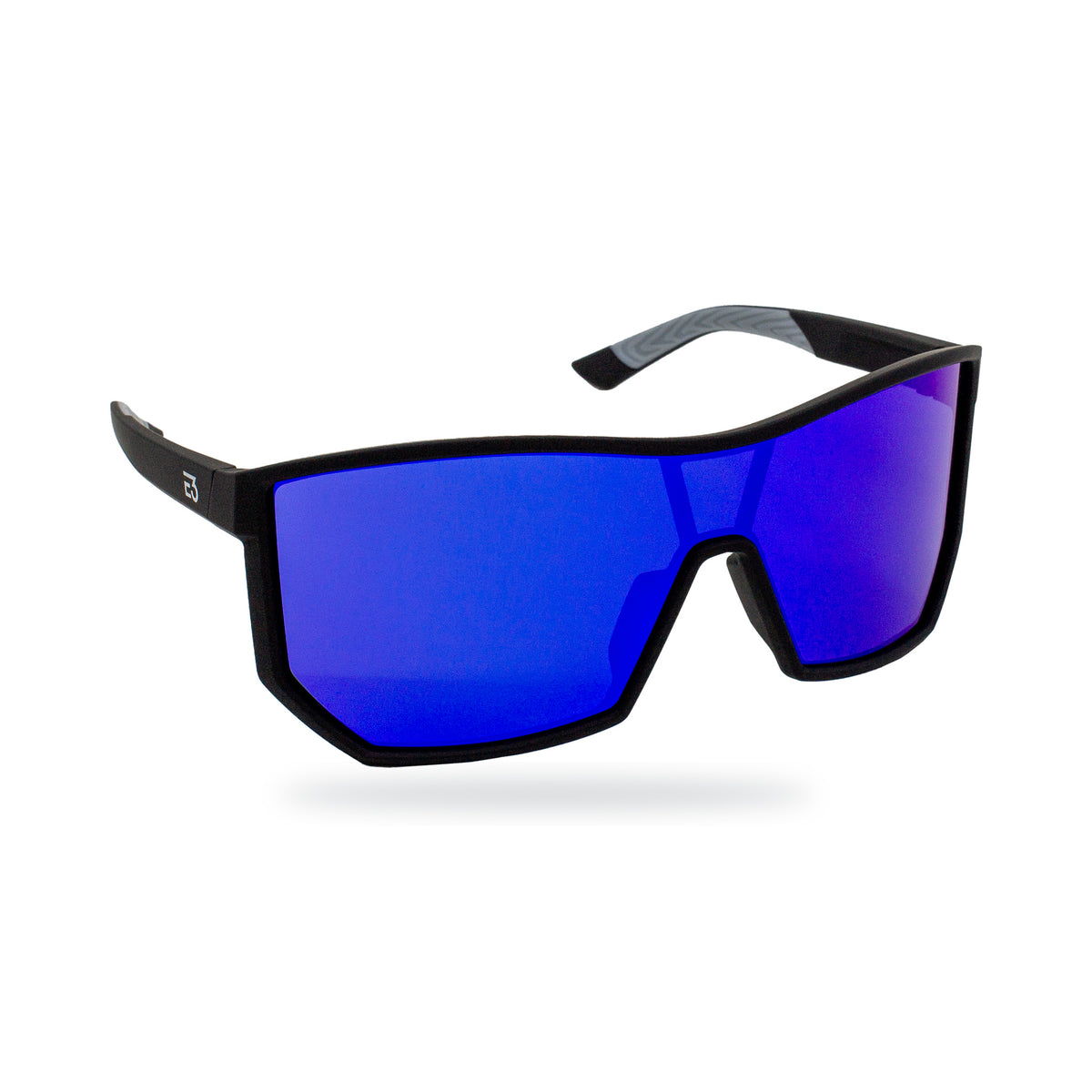 E3 Optics Pulse sunglasses with a black frame and blue mirrored shield lens, shown at an angle.