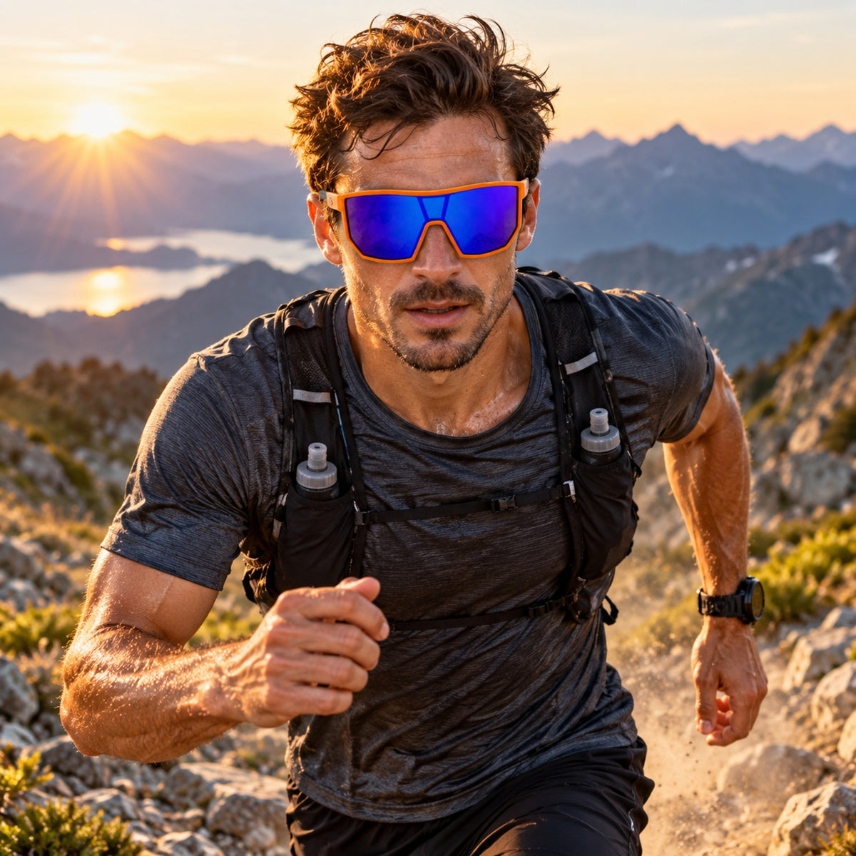 Man hiking a mountain trail wearing orange-frame E3 Optics Pulse sunglasses with a blue mirrored lens.