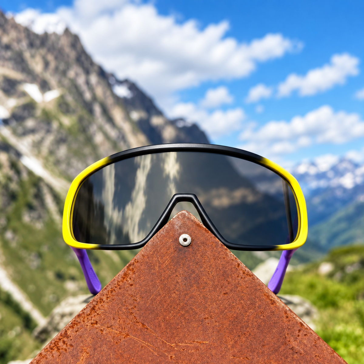 A pair of sporty shield-style sunglasses with a bright yellow frame, black bridge, and purple temples, resting on a rusty metal peak with a blurred mountain landscape and blue sky in the background.